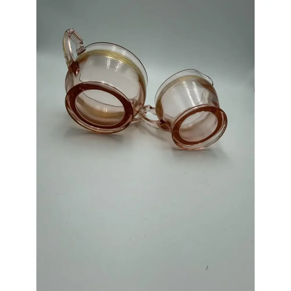 Vintage Pink Depression Glass Art Deco Sugar Bowl and Creamer